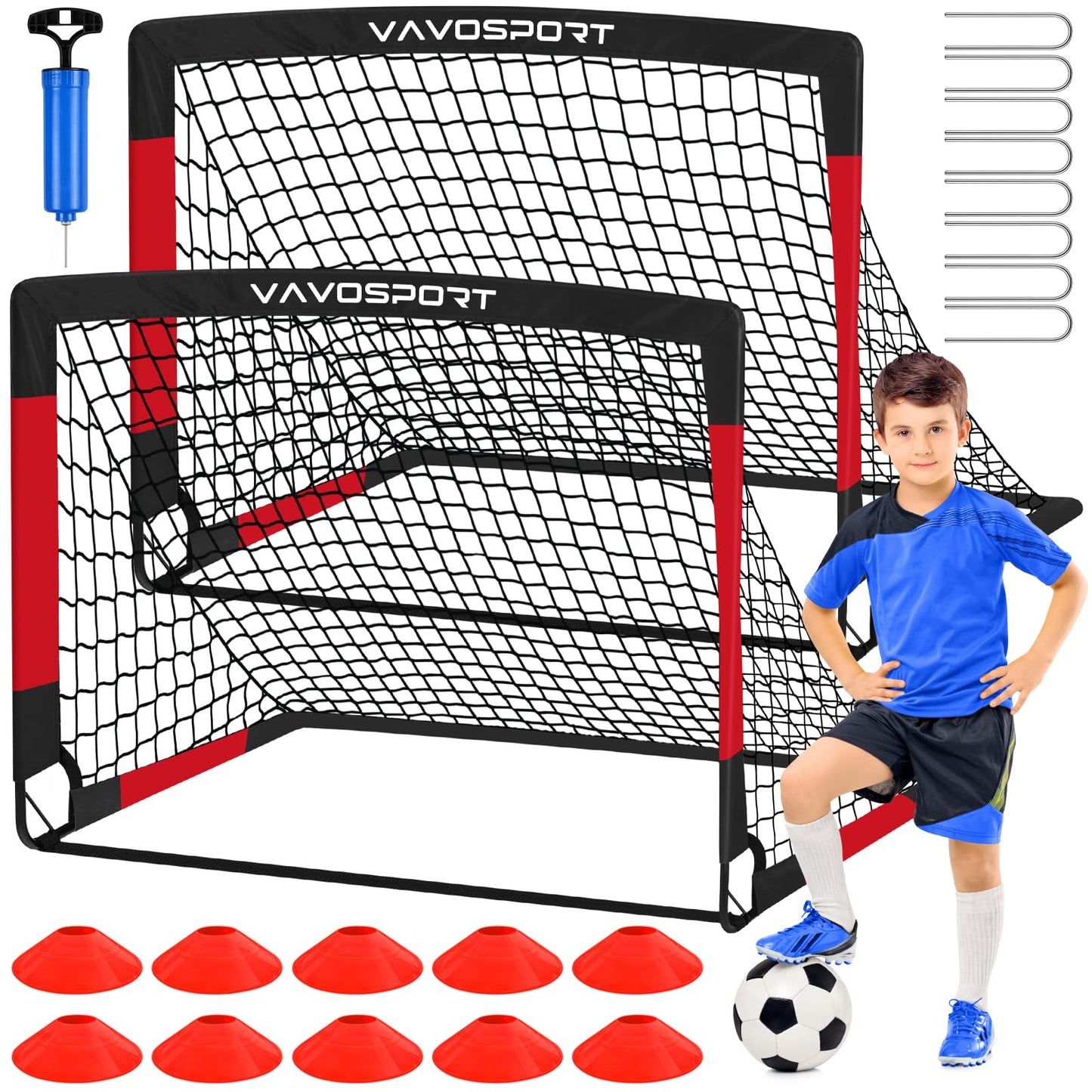 VAVOSPORT Kids Soccer Goals for Backyard, 2-Pack 4x3ft Portable Soccer Nets, Pop Up Mini Toddler Soccer Goal Set with Size 3 Ball, Cones & Pump for Ages 3-12, Indoor & Outdoor Practice Training Kit
