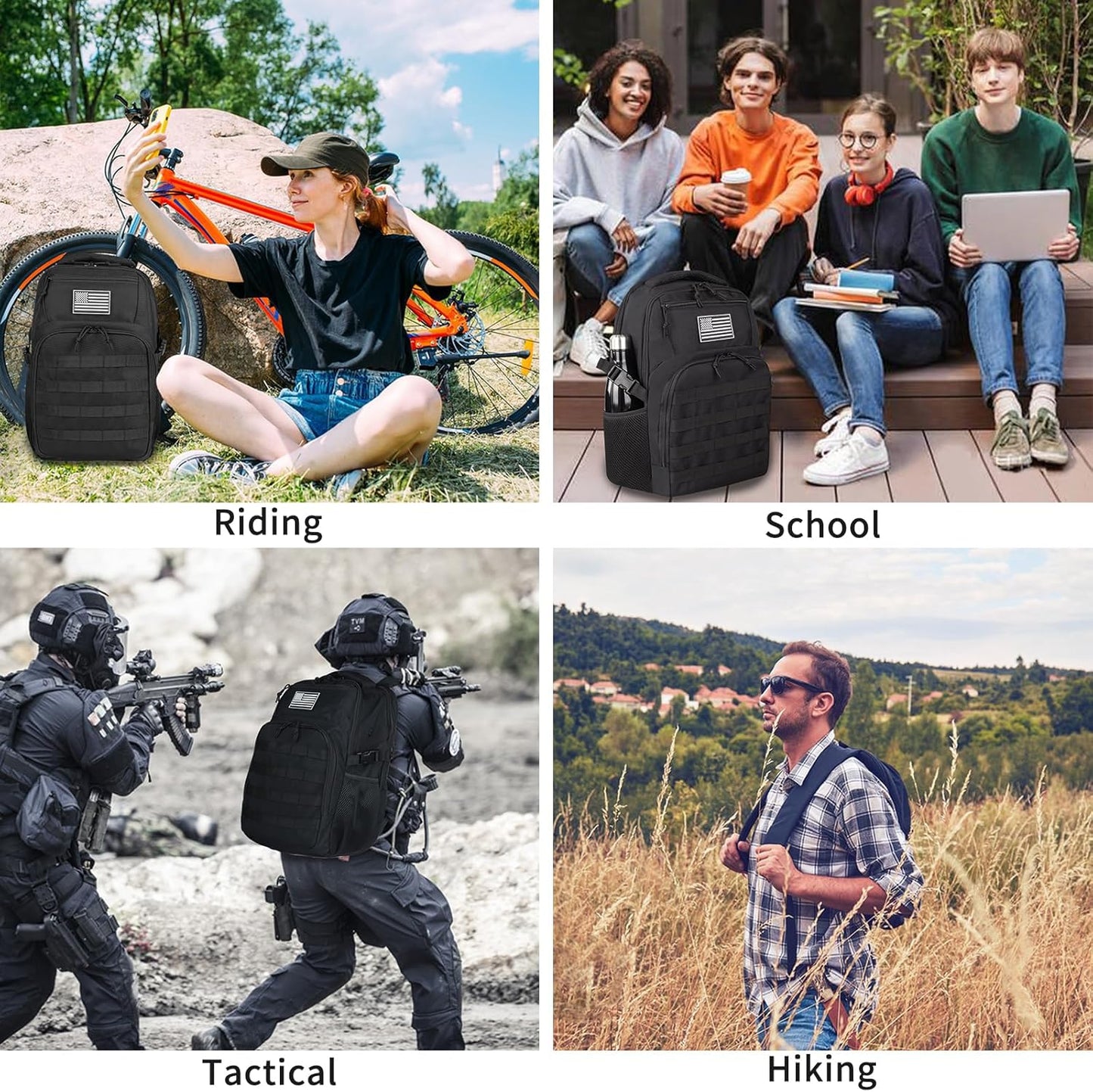 TBNBO Military Tactical Backpack - 25L Black Hiking Bag with Side Bottle Holders for Men