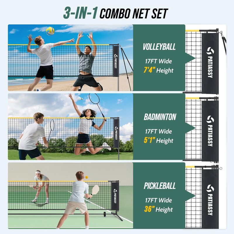 Patiassy Portable Badminton Volleyball Pickleball Net for Backyard, 17FT Combo Set with 5.1ft-7.4ft Adjustable Height for Outdoor Driveway Games, 4 Rackets, 3 Shuttlecocks, 1 Ball and Carry Bag