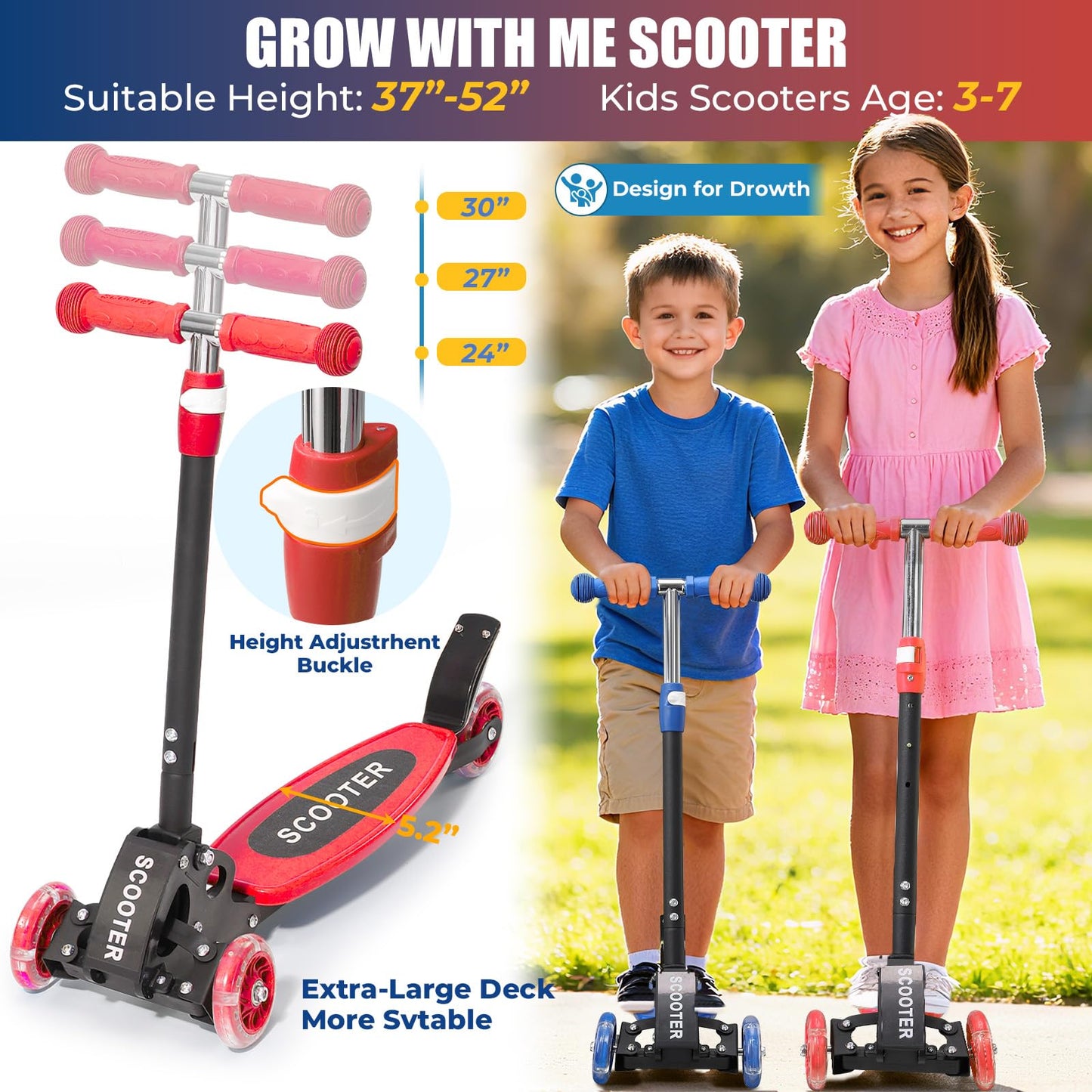 Children’s 3-Wheel Lean-to-Steer Scooter – LED Light-Up Wheels, Foldable, Adjustable T-Bar, Anti-Rust Frame, Ideal Outdoor Gift for Ages 3/4/5/6/7