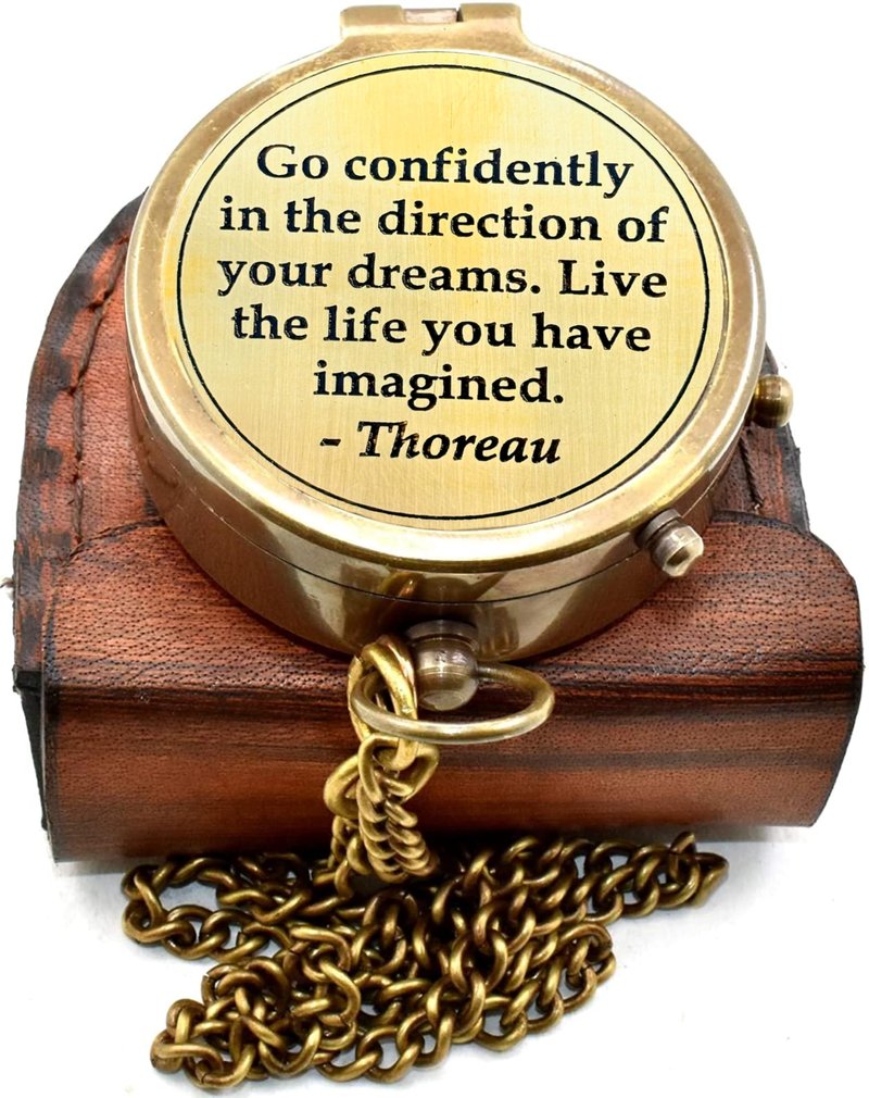 Thoreau's Quote Engraved Antique Nautical Directional Magnetic Compass with Leather Case - Go Confidently Brass Pocket Compass Baptism, Graduation, Christian Gifts for Men, First Confirmation Gift