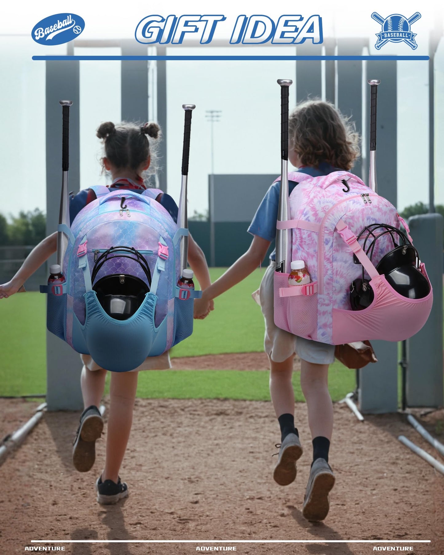 FOKDUVB Baseball Softball Backpack for Kids Boys Girls 6-8 8-12 12-14 Large Youth Bat Bag for Gear Storage Baseball Softball Tball Equipment Back Pack with Separate Shoe Bag (Blue/Purple, Mermaid)