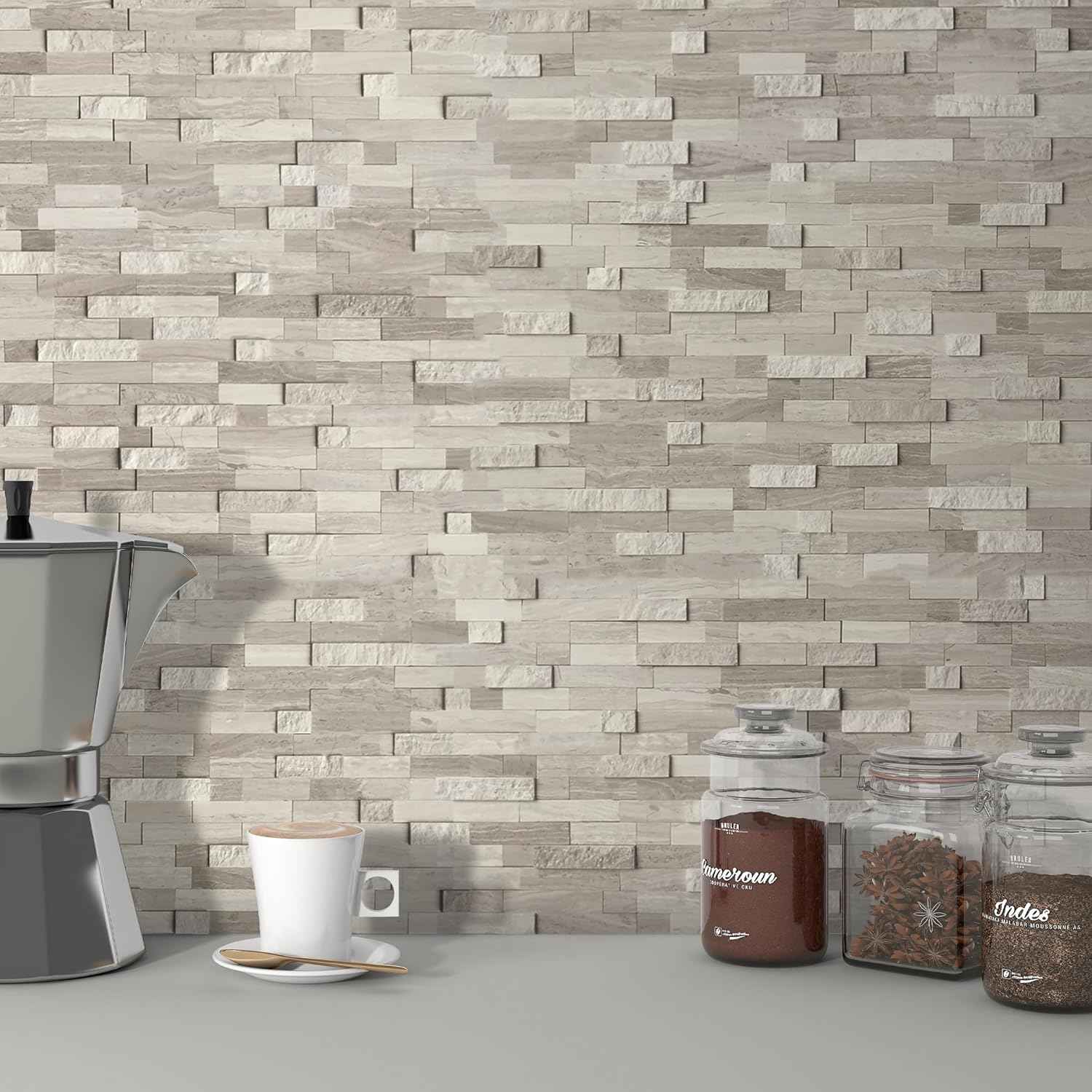 Peel and Stick 3D Stone Mosaic Tiles - 12x11" Self-Adhesive Backsplash for Kitchen & Bathroom - 5 Sheets, Mixed Tan