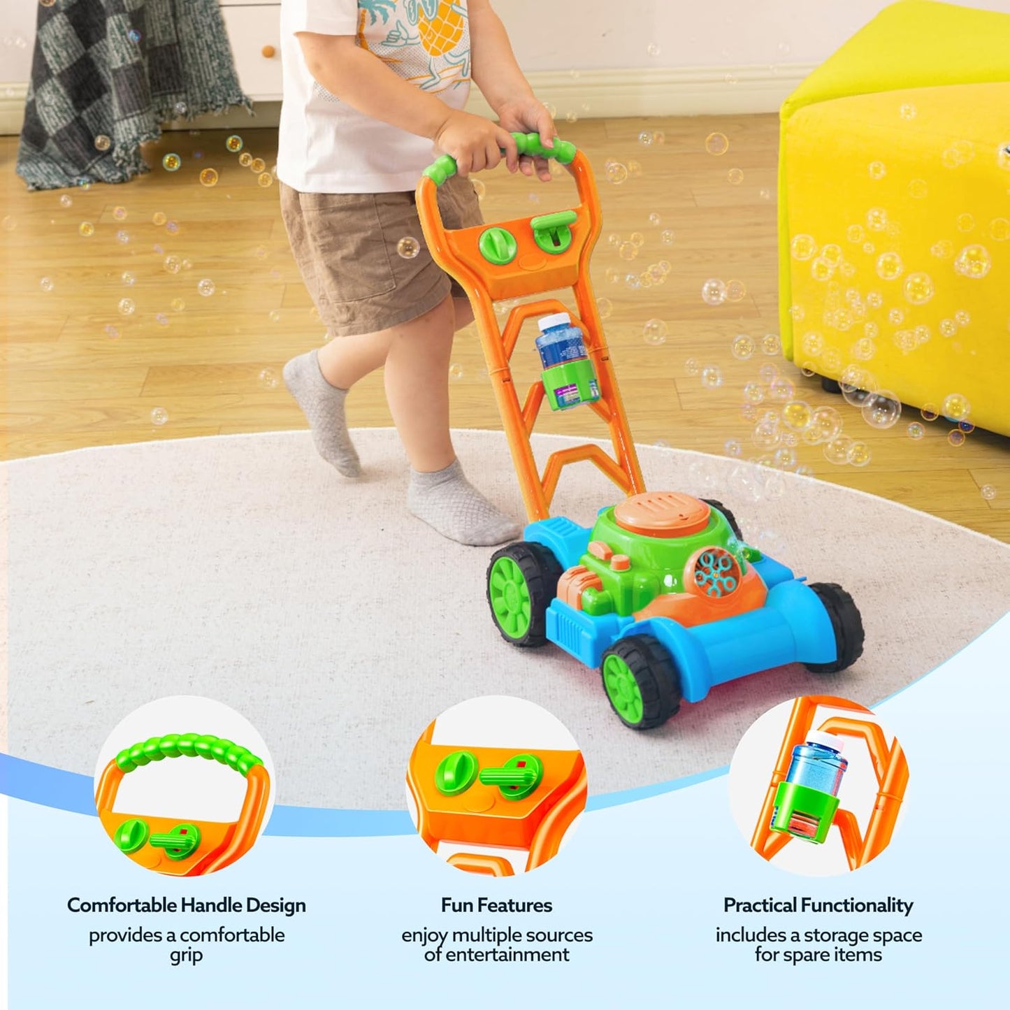 SLOOSH Bubble Lawn Mower - Spill-Proof Bubble Machine for Toddler Gardening Play | Blue, Ages 1-3