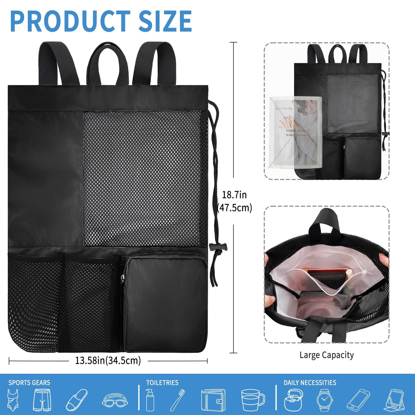 lifwimner Swim Bag Mesh Beach Drawstring Backpack with Wet Pocket Waterproof for Gym Workout Men Women (Black)