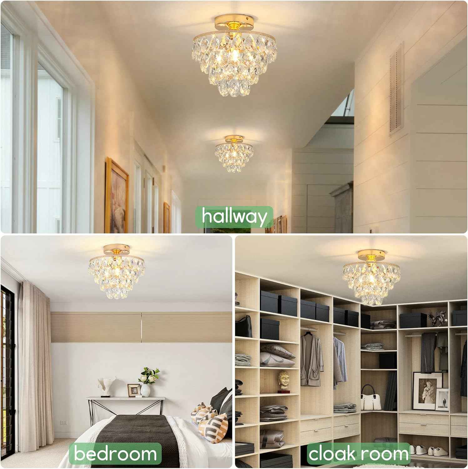 Gold Crystal Mini Chandelier - Modern Flush Mount Ceiling Light for Hallway & Bedroom