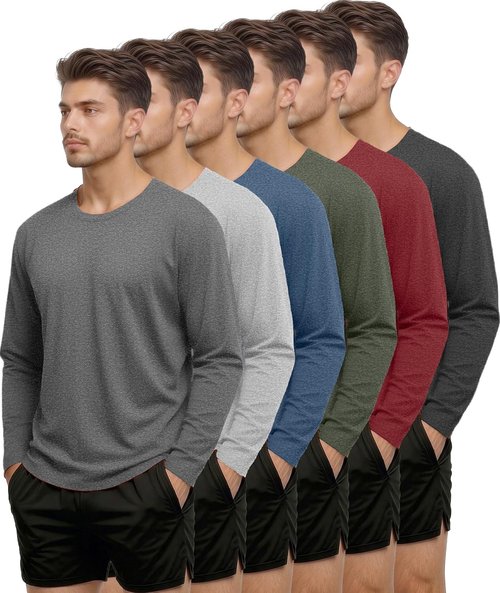 Kinglaman Long Sleeve Workout Shirts for Men - Dry Fit UPF 50+ UV Sun Protection | 6 Pack