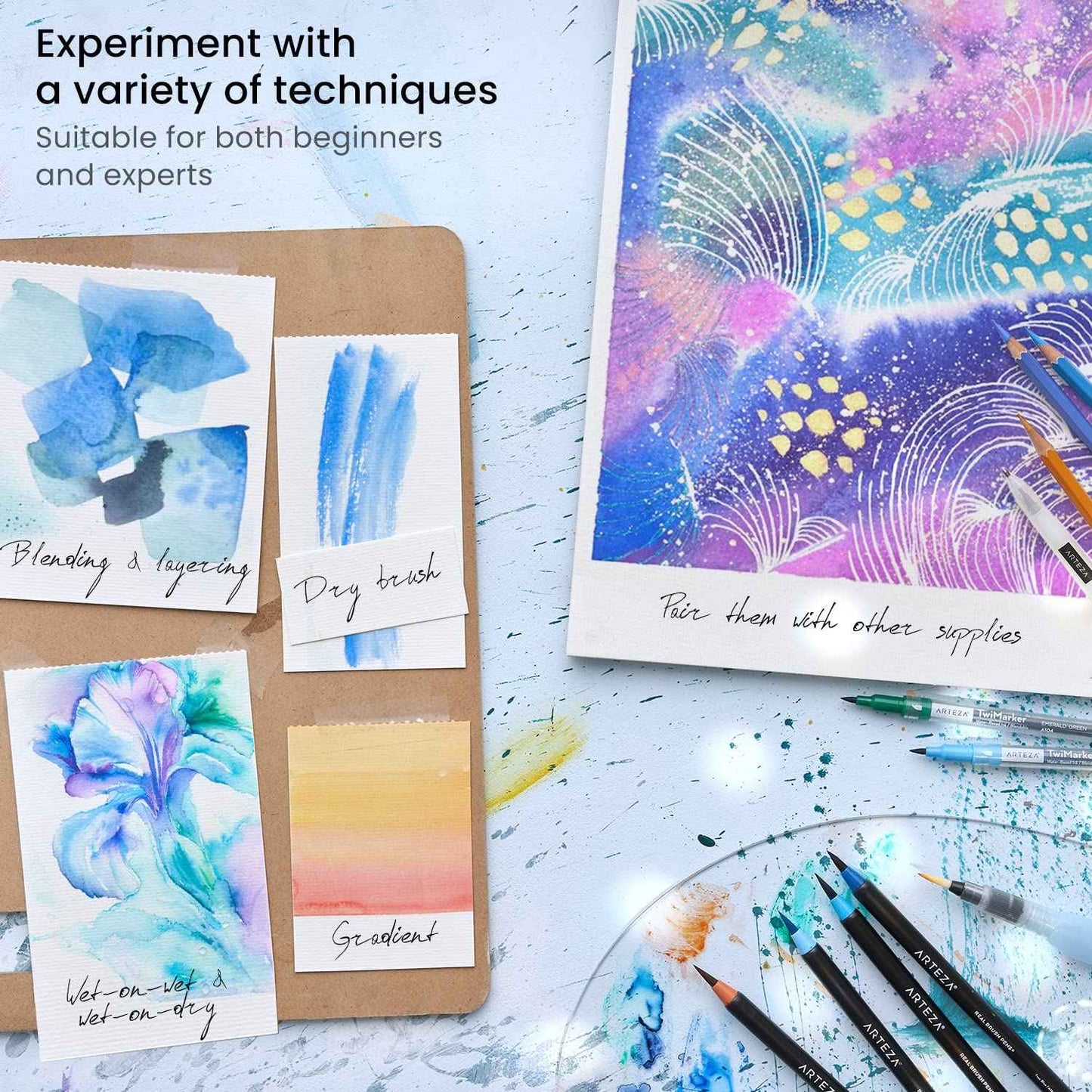 ARTEZA Watercolor Pens, 36 Dual-Tip Markers with Flexible Nylon Brush Tips, Classic Tones, Double Sided Markers with Water Brush