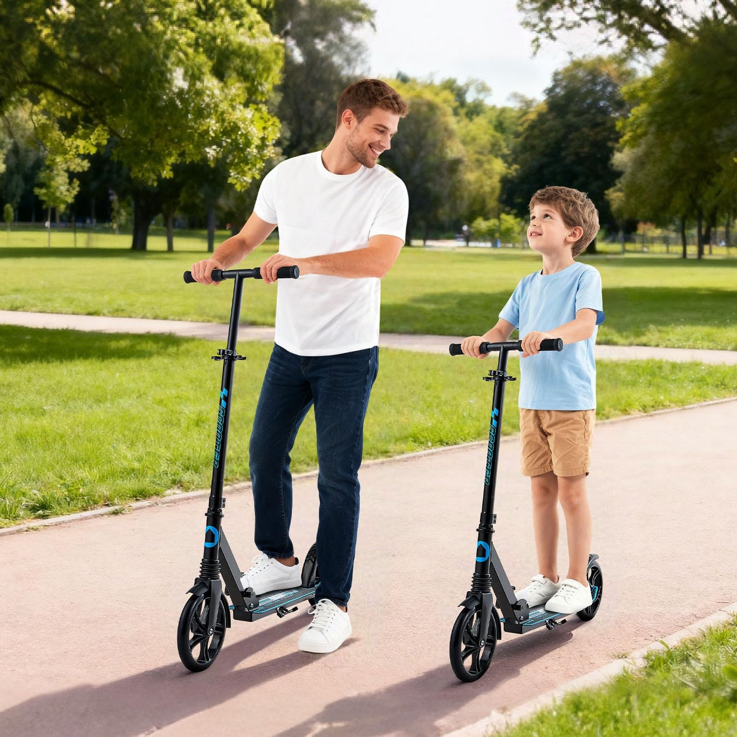 VEVOR Kick Scooter for Kids Ages 8+, Teens & Adults, 2-Wheel Toddler Scooter with Adjustable Height Handlebar, Wide Anti-Slip Deck, Foldable Lightweight for Boys & Girls up to 220 lbs, Black + Blue