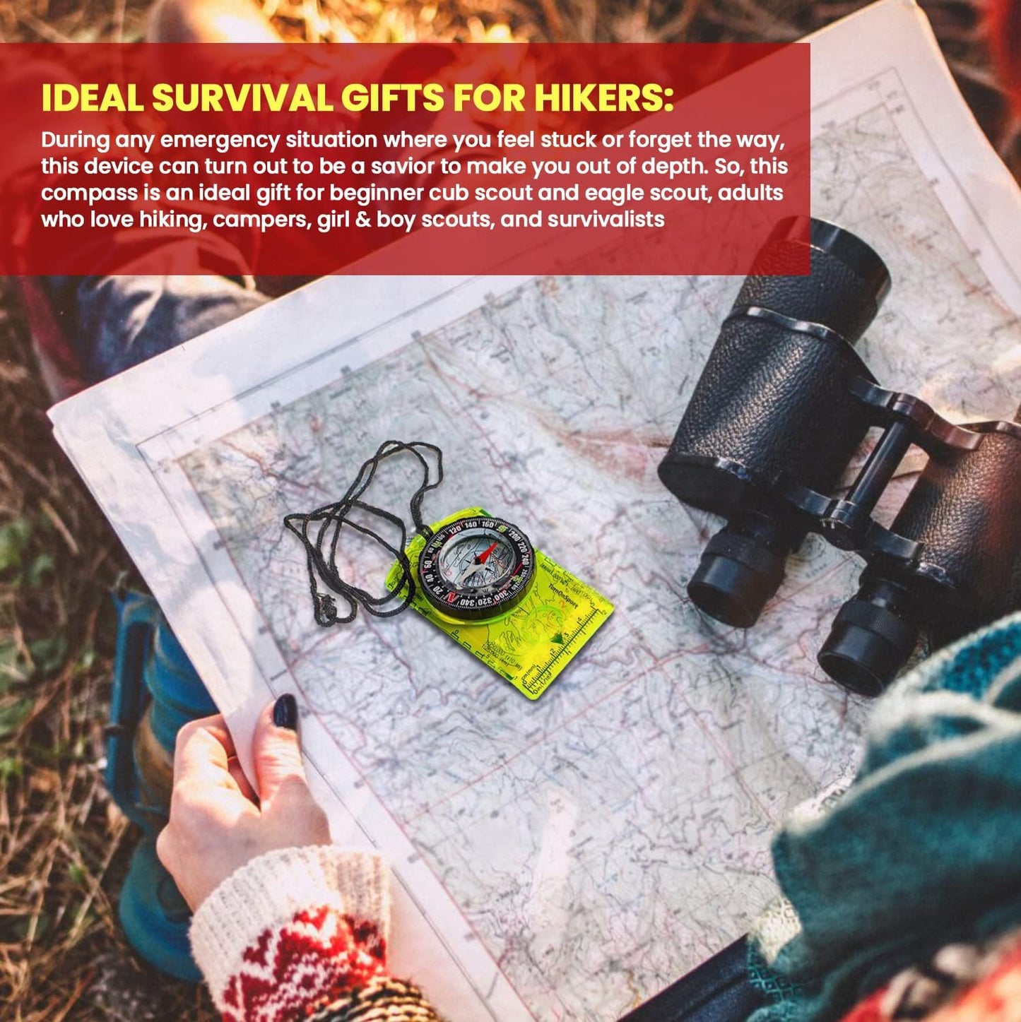 TurnOnSport Orienteering Compass - Advanced Hiking & Camping Scout Compass - Ideal Survival Gift for Kids