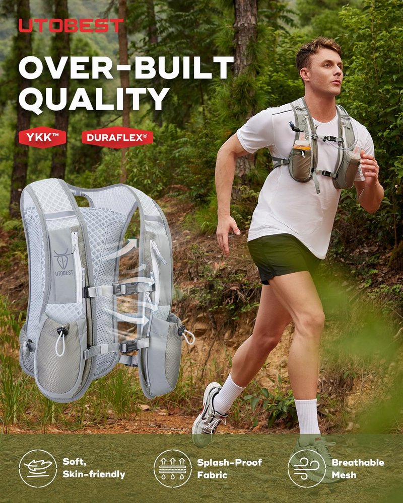 UTOBEST Running Vest, 5L Hydration Vest Lightweight, Running Backpack with 2 x Soft Flask, Adjustable Running Hydration Vest for Trail Running Marathon Race Jogging Cycling Gray