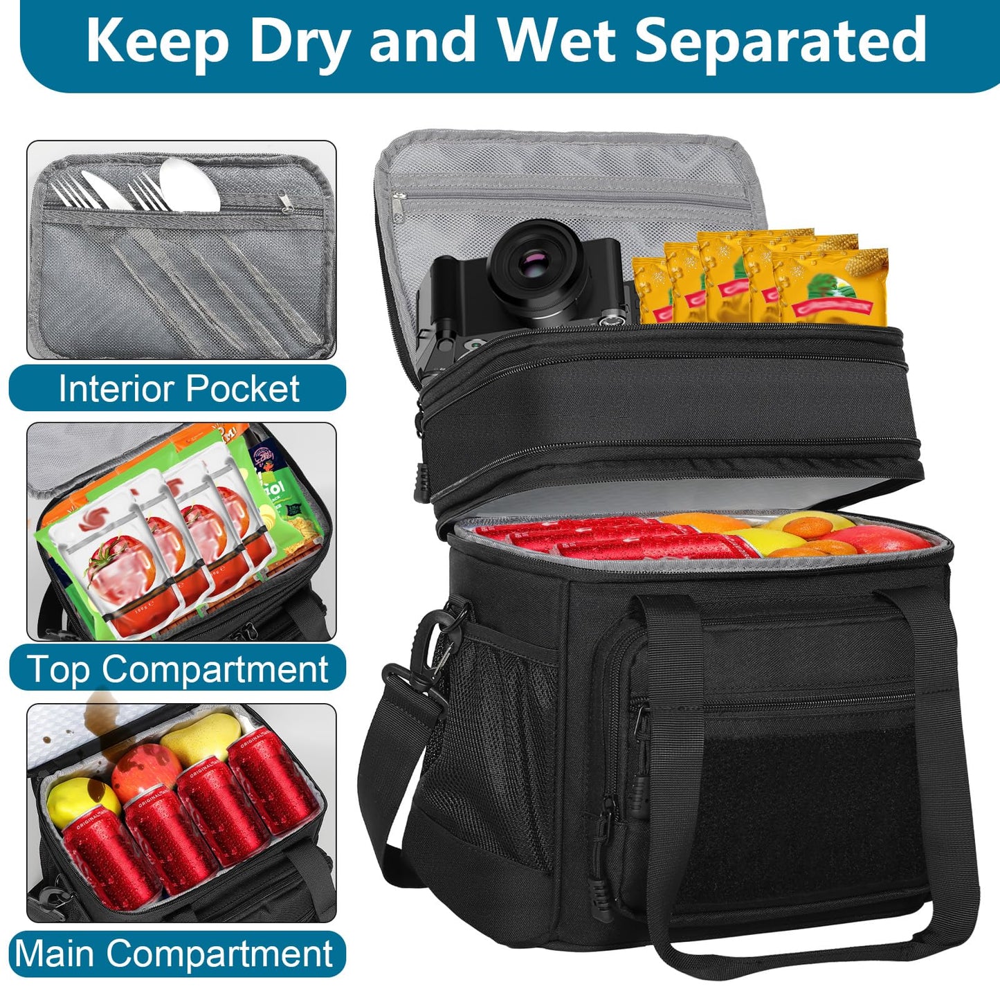 GLENKEY Tactical Lunch Box Cooler Bag - Expandable Insulated Lunch Bag for Men Daily - Large Lunchbox for Adults Work Shifts Outdoor Trips Black 16L
