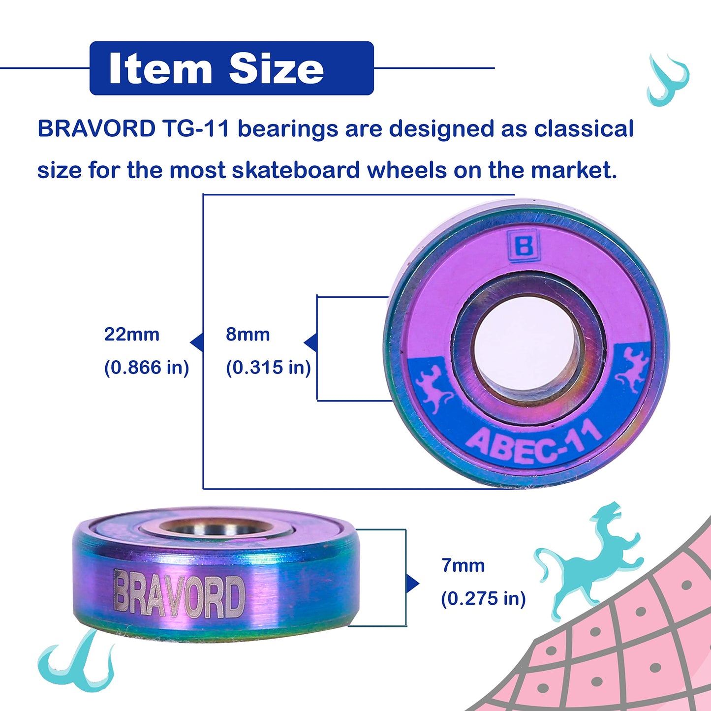 BRAVORD TG11 Skateboard Bearings, Highly-Precise Bearings for Skateboards,Cruisers,Longboards, Pack of 8