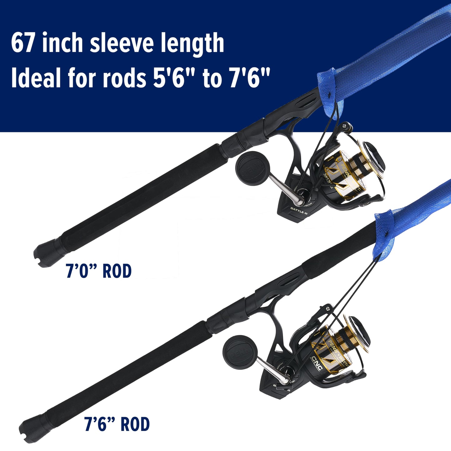 Penn® Premium Fishing Rod Sleeve, 67 in., Lightweight and Extremely Durable Woven Nylon PET Fishing Rod Cover, Reinforced Tip, Easy-Close Drawstring