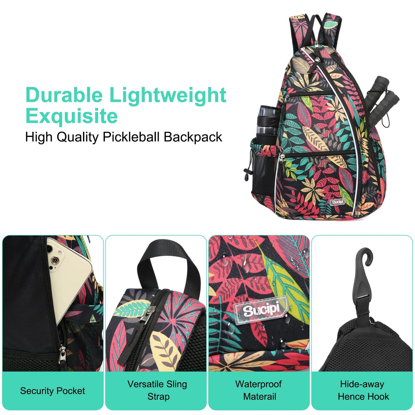Sucipi Pickleball Bag - Men's -Women's Pickleball Backpack, Adjustable Sling Bag w/Fence Hook/Large Capacity/Safety Pocket-Red Leaf