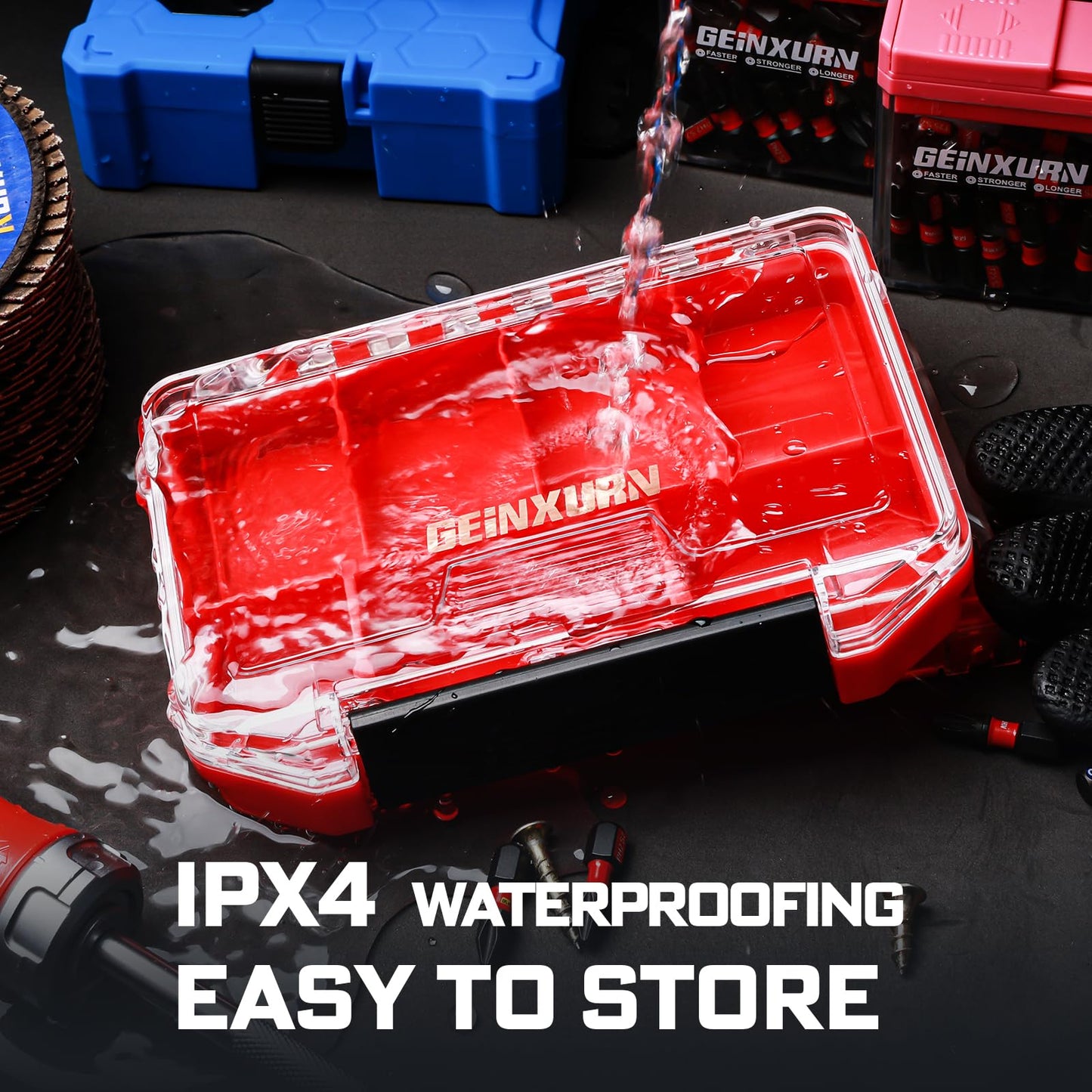 Geinxurn IPX4 Waterproof Small Storage Parts Organizer, Small Parts Case with Removable Dividers, Screwdriver Bit Set Box