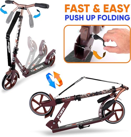 Hurtle Renegade Kick Scooter - 2-Wheel Folding Design with Adjustable T-Bar Handlebar | Anti-Slip Alloy Deck