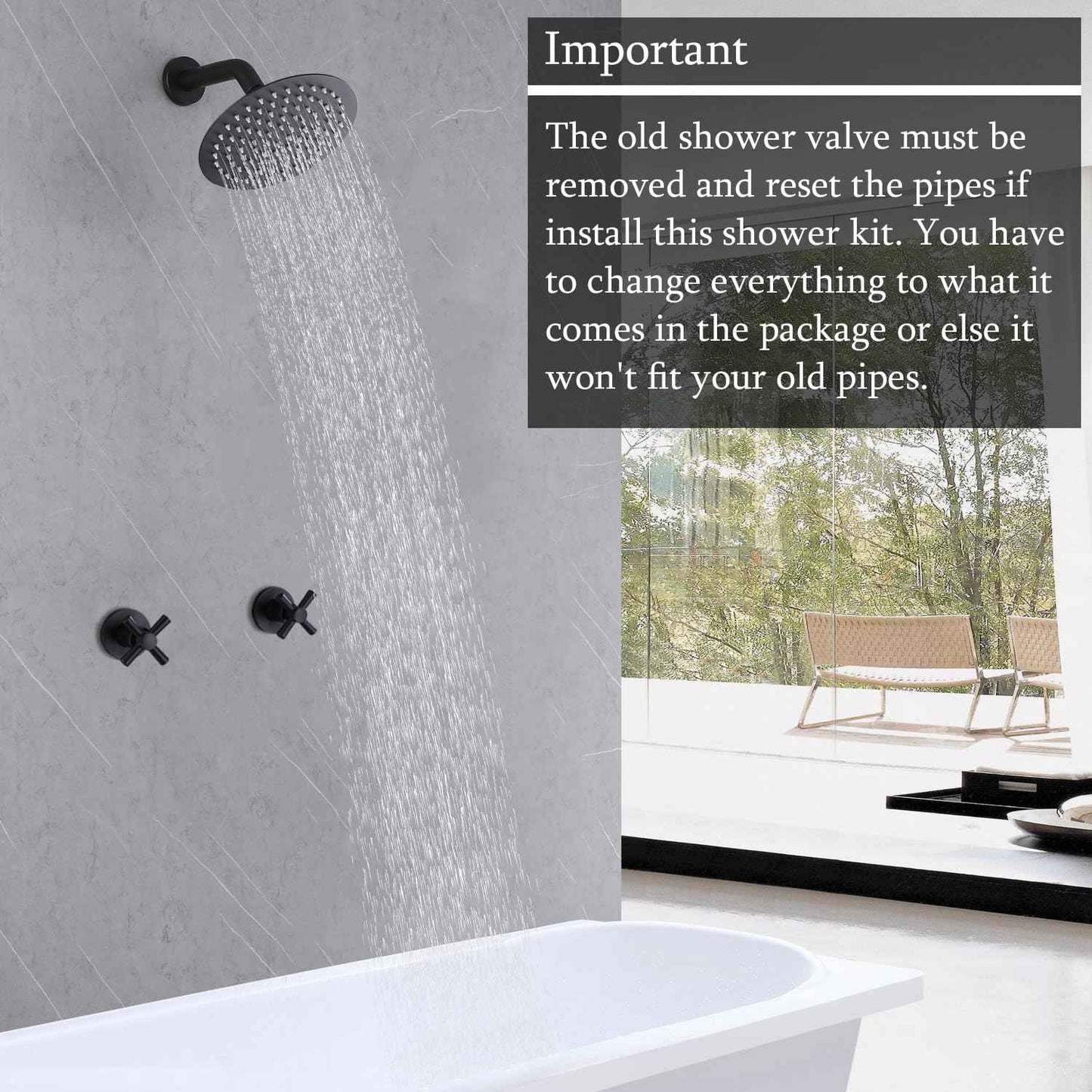 FSCEPIXI 2 Handles Shower Faucet Set,Two Handle Shower with 8'' Rainfall Shower Head Combo Set,Single Function Shower Trim Kit with Rough-in Valve,Wall Mount,Matte Black