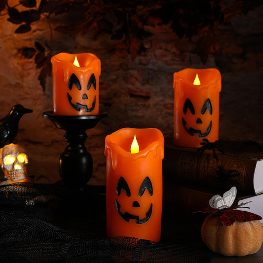 LCZLUMIPRO Halloween Candles Flameless Ghost Face Decor, Orange Pumpkin Dripping Real Wax Battery Operated LED Pillar Candles for Halloween Fall Indoor Table Dinner Decorations, Set of 3(3" x 4/5/6")