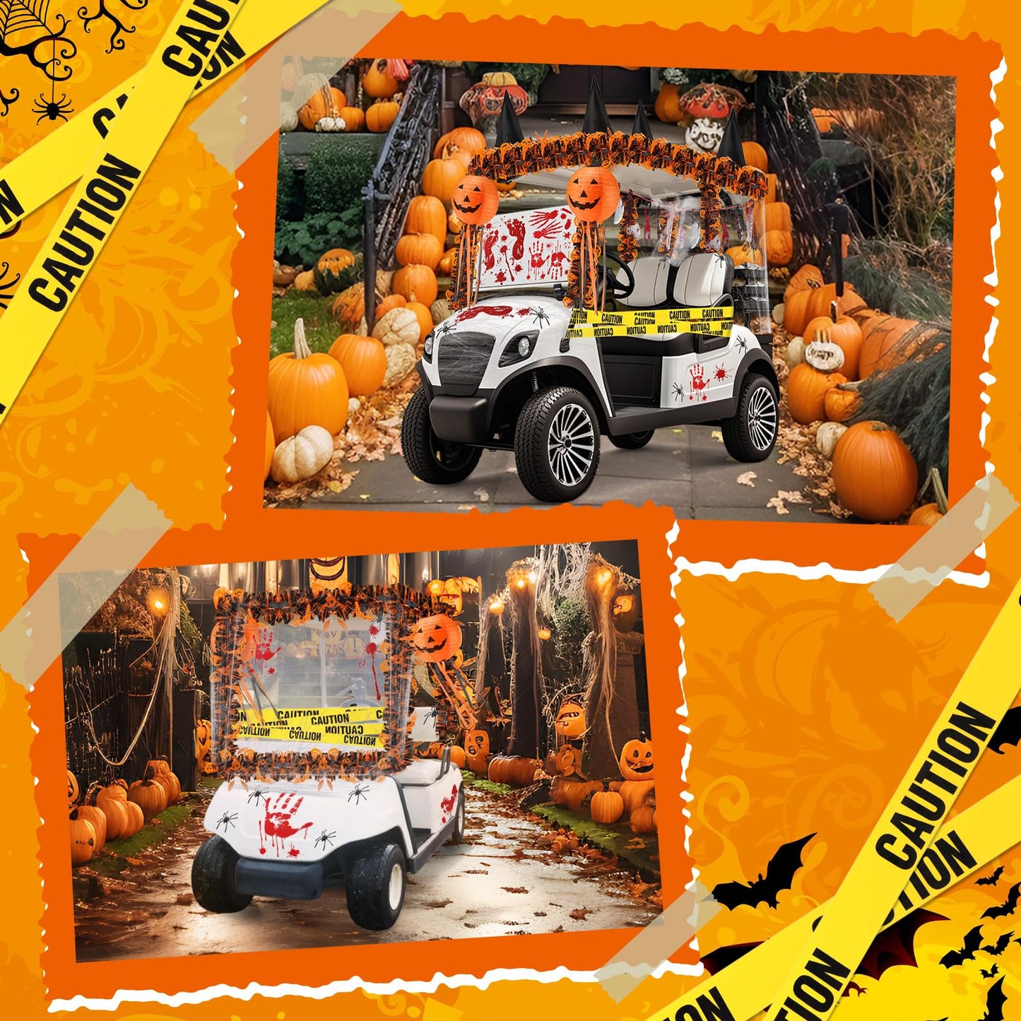 Suncalla Halloween Golf Cart Decorations Halloween Themed Car Decoration Kit Blood Knife Banner Pumpkin Lanterns Witch Hat Bloody Handprint Footprint Stickers for Golf Cart Party Supplies Decor