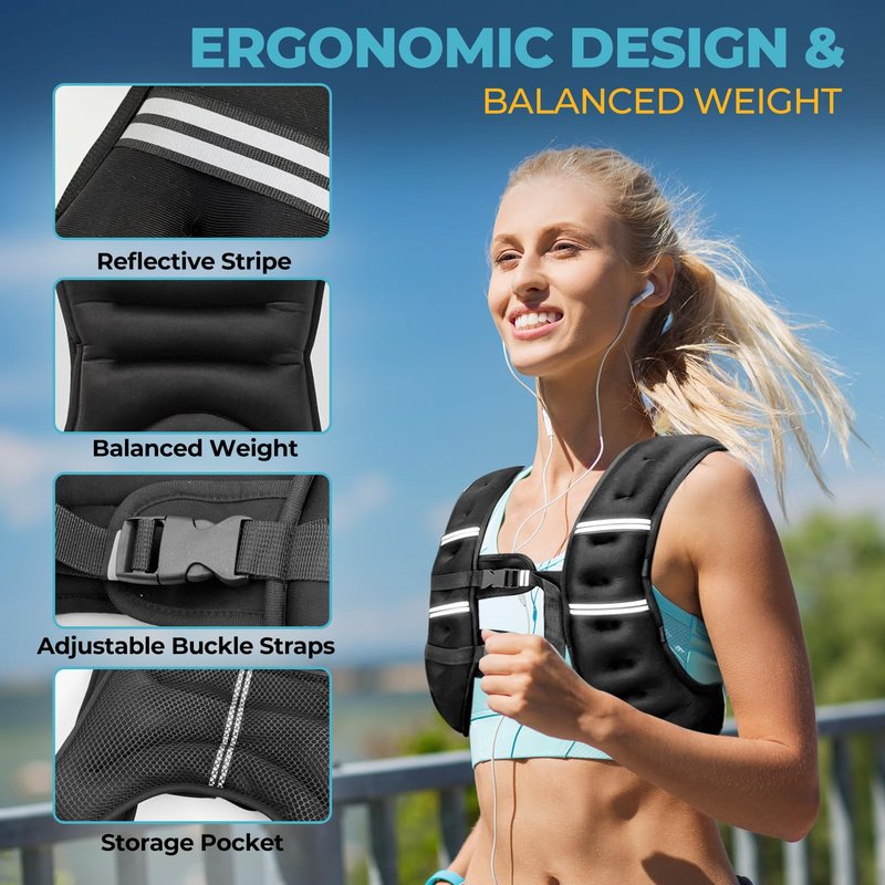 Weighted Vest, 8lb/12lb/16lb/20lb Weight Vest with Reflective Stripes for Men Women, Two Adjustment Straps for Workout, Strength Training, Running, Fitness, Muscle Building, Weight Loss (12lb)