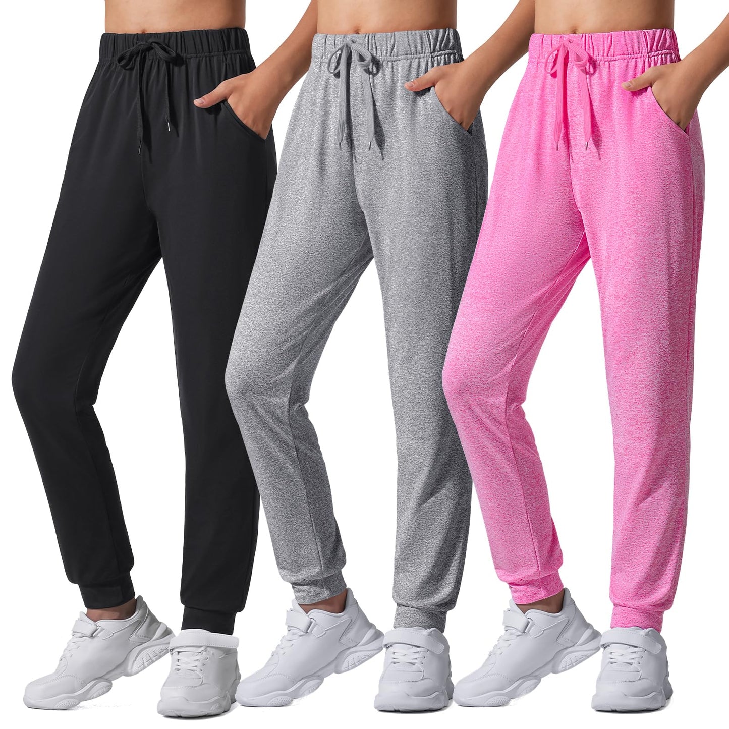 Auranso Girls Joggers 3 Pack Quick Dry Casual Sweatpants Kids Athletic Lounge Joggers Boys Active Running Pants with Pockets 11-12 Years Black Grey Rose-red