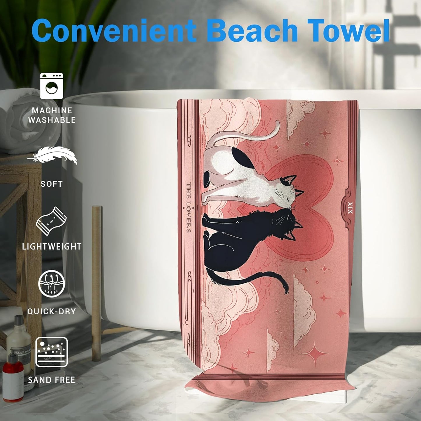 Skiennix Pink Cat Beach Towel - Oversized Quick Dry Towel for Valentine’s Day | 30x60in Travel Gift