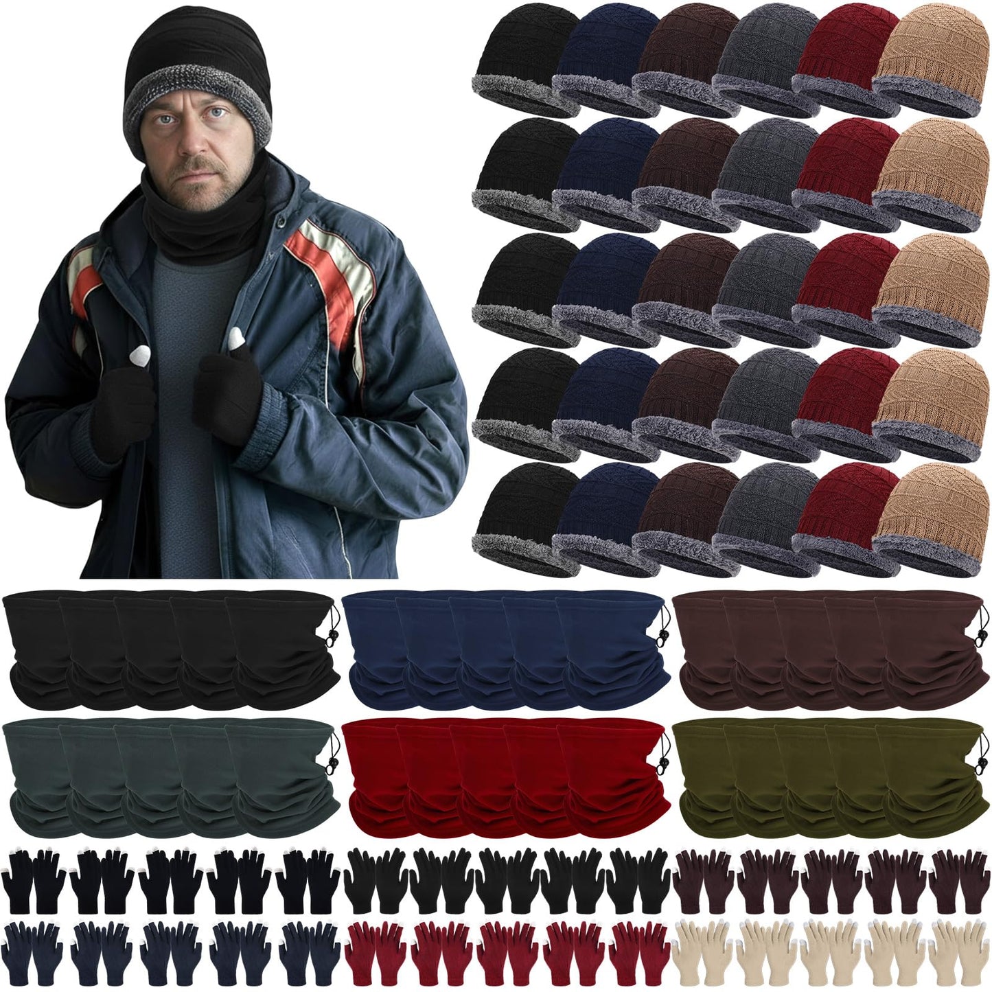 Breathffy 90 Pcs Homeless Supplies Bulk Winter Beanies Hat Fleece Scarf Touchscreen Gloves Set for Women Men Charity Donation
