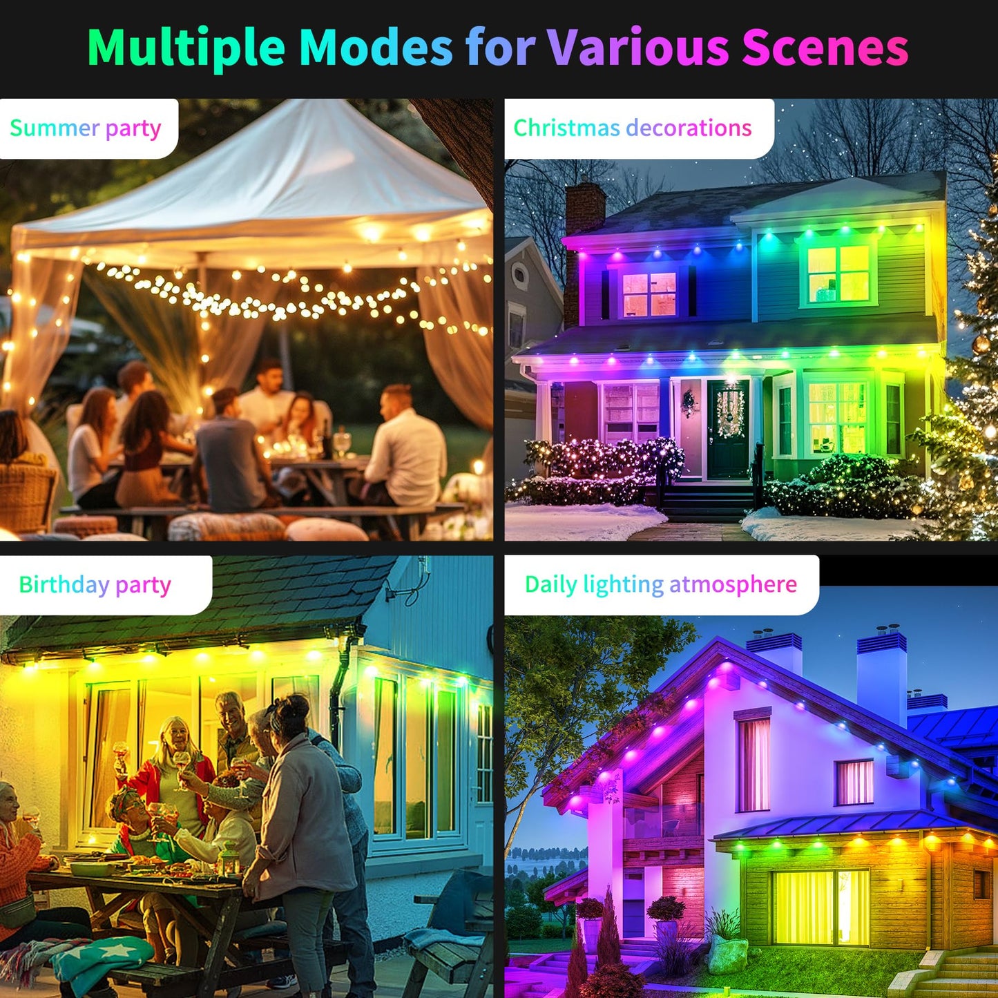 100ft Dynamic Smart RGB LED Permanent String Lights App Remote Color Sync Waterproof Outside House Lights Outdoor Transform Backyard Parties Patio Nights Holiday Magic Festive Glow Instantly