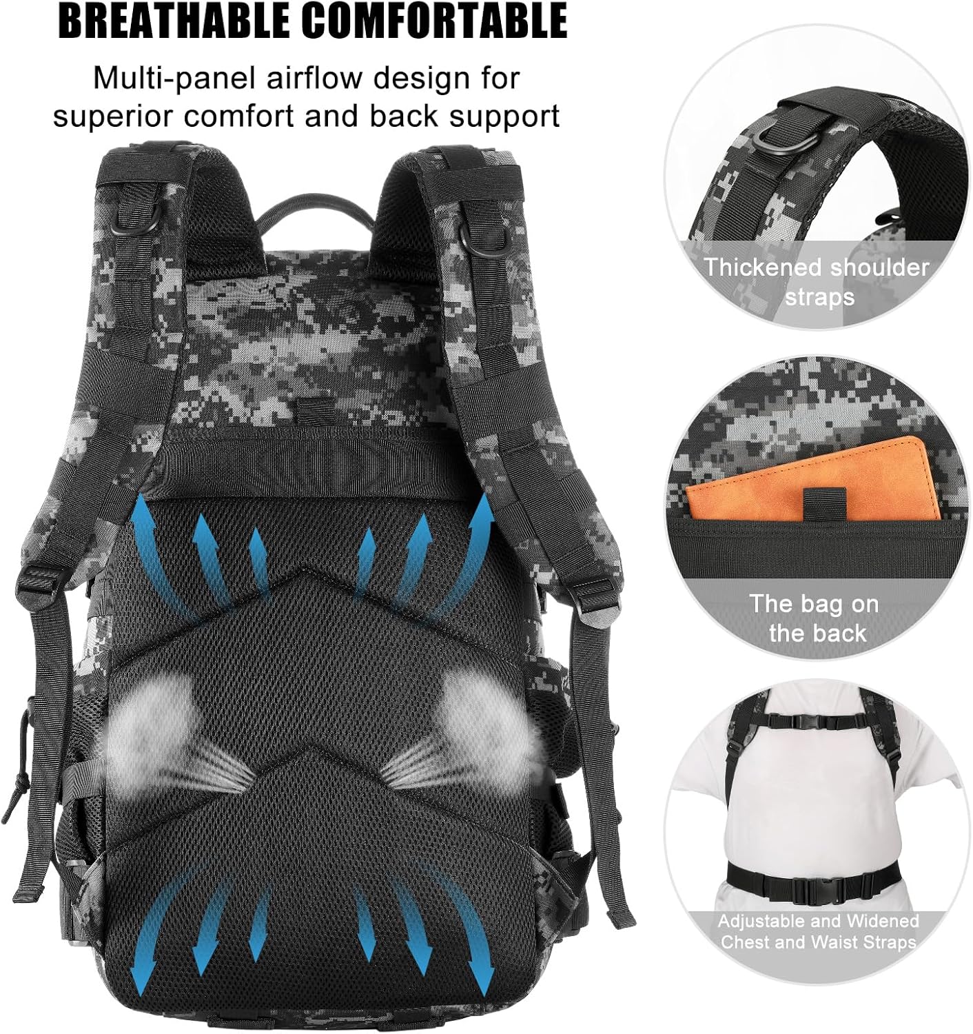 Military Tactical Backpack - 25L Molle Daypack for Men | Water-Resistant Heavy-Duty Rucksack - Black Digital Camo