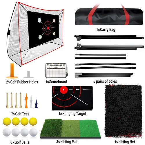 Golf Net, 10x7FT with Golf Practice Mat, Hitting Aid Net with Multi Targets Training for Backyard Driving Chipping Indoor Outdoor Use, 5-Ply Anti-Tear Netting & Carry Bag, Gifts for Men Dad Him Golfer