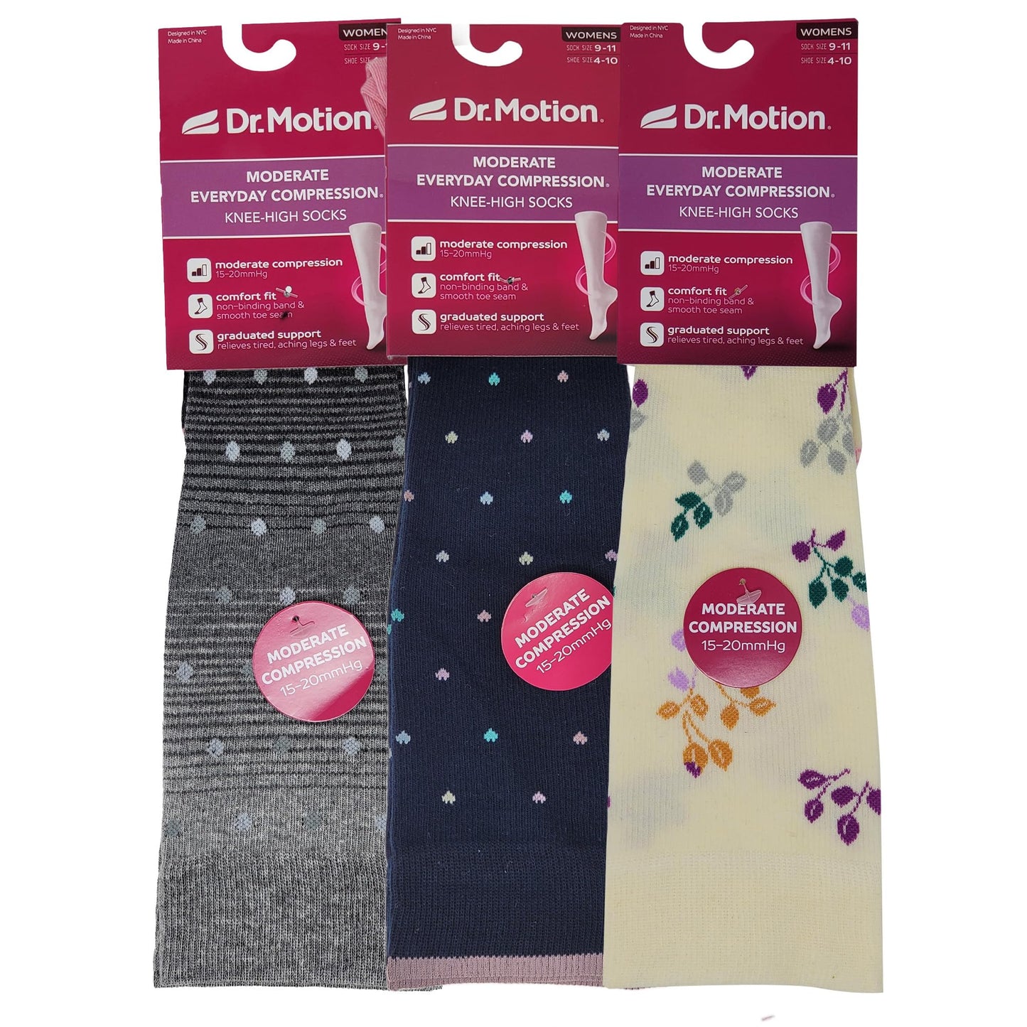 Dr Motion Women's Compression Knee High Socks, 15-20 mmHg, 3 Pairs (PT#C, 9-11)