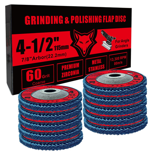 FOXBC 4-1/2 inch Flap Disc 60 Grit for Angle Grinder, Type 29, Premium Zirconium Grinding and Polishing for Metal, 10 Pack