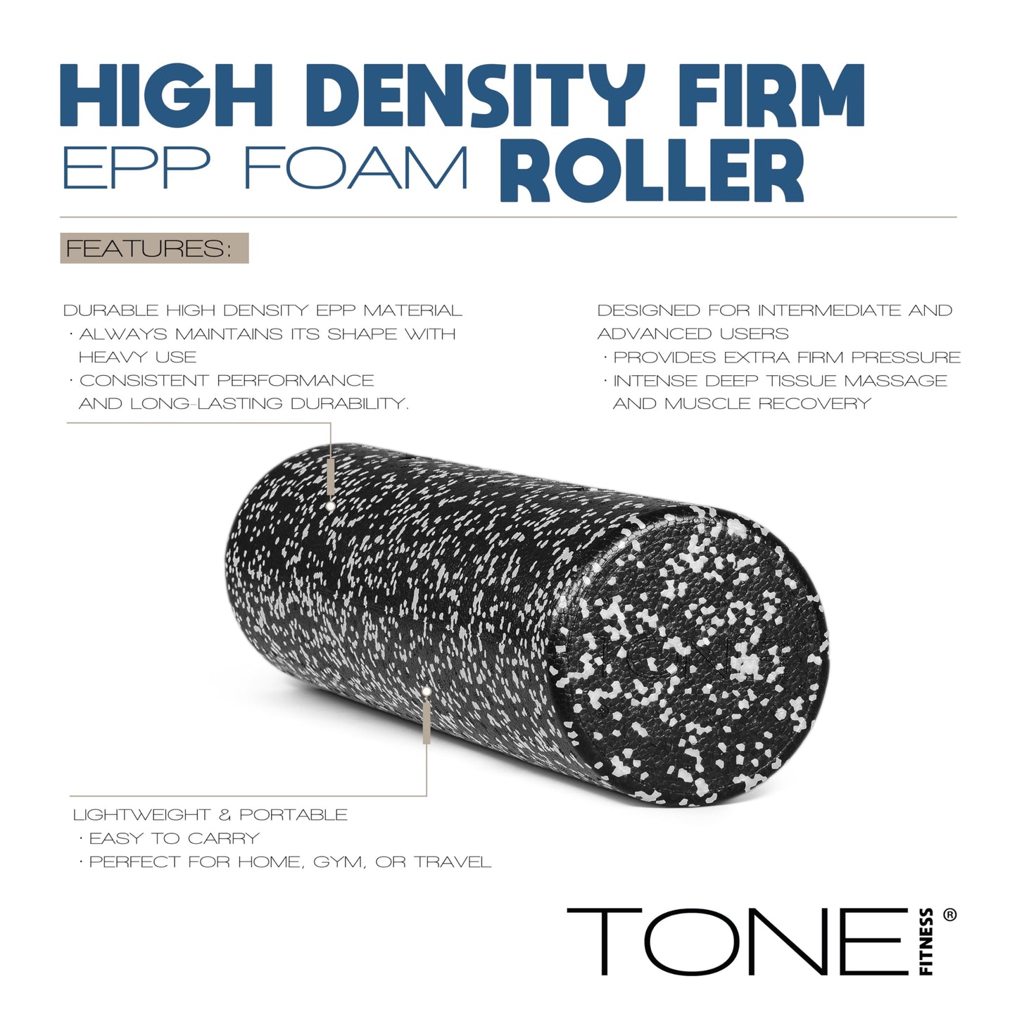 Tone Fitness High Density EPP Foam Exercise Foam Roller for Yoga, Pilates, Stretching, Massage, and Recovery 24 inch Black/White Speckled