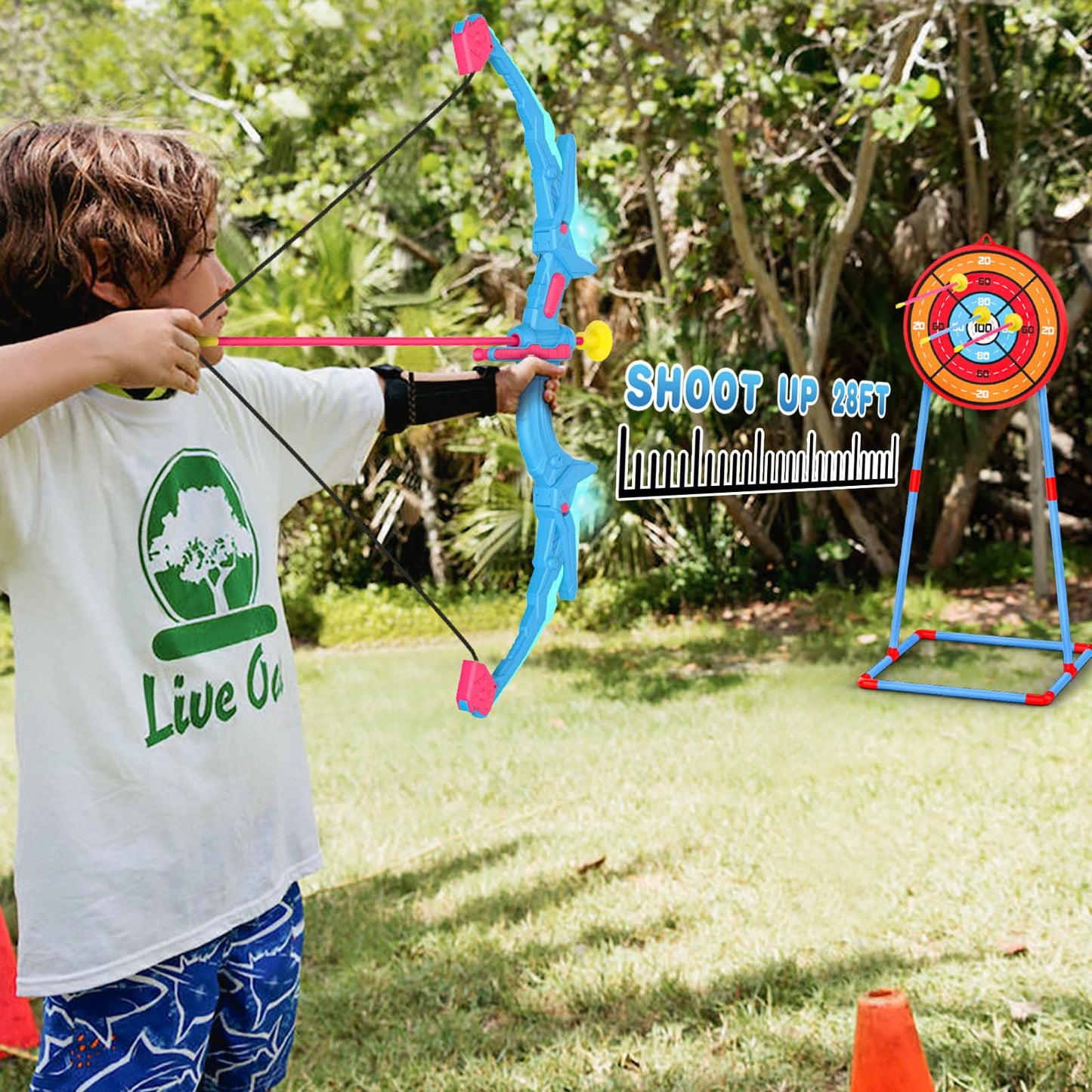 Polkoliye 2 Pack of Kids Bow & Arrow Set, Light Up Archery Toy Set with 14 Suction Cup Arrows Standing Target, Perfect Indoor Outdoor Toys Birthday Gifts Ideas for Boys Girls, Medium