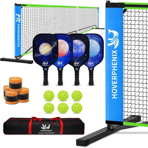 Hoverphenix Pickleball Set with Net for Driveway, Portable Regulation Size Pickleball Net System with 4 Fiberglass Paddles Set, 6 Outdoor Pickleballs, Carry Bag
