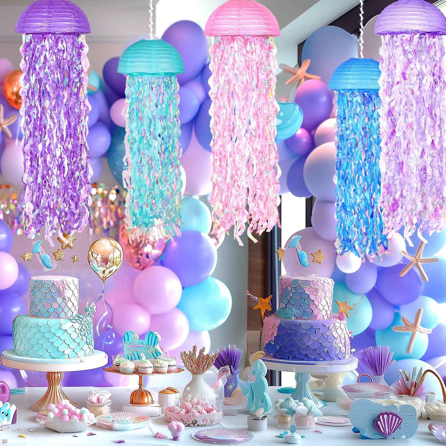 OBXT 10" Mermaid Jellyfish Lanterns – Pink Purple Blue Decorations for Mermaid Birthday Party, Under The Sea Theme, Baby Shower, Ocean & Beach Room Hanging Decor (Set of 6)