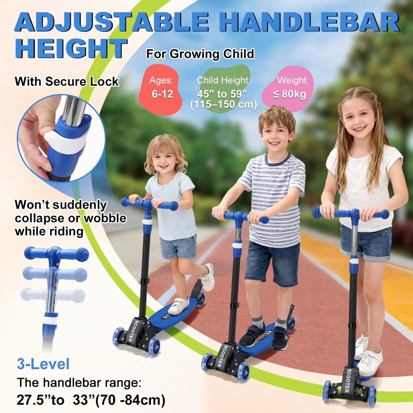 Scooters for Kids 6-8 8-12, Folding, 3 Light up Wheels Kick Scooter,3 Adjustable Height Handlebars, Lean-to-Steer,Widen Anti-Slip Deck, Heavy Duty Scooter for Boys Girls Ages 6-12,up to 170 Lbs
