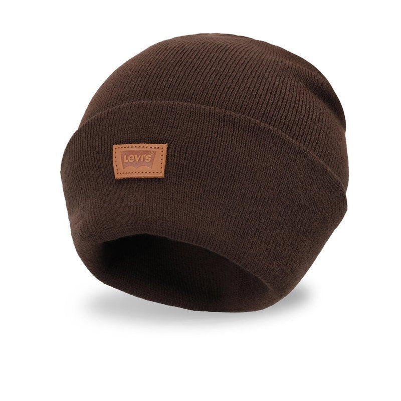 Levi's Men's Leather Batwing Logo Hero Beanie Hat, Chocolate, One Size
