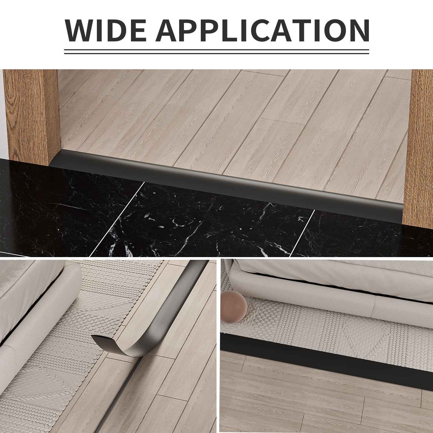 Greymond Floor Transition Strip - Self Adhesive Vinyl Flooring Trim for Carpet, Tile & Gaps, Threshold Cover Molding (10ft x 1.57in, Black)