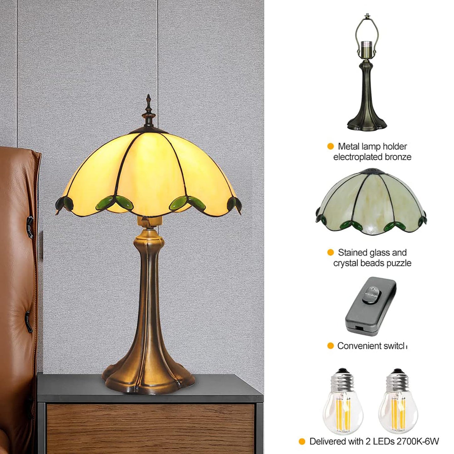 YingJu Tiffany Style Table Lamp,Beige Stained Glass Lamp,Vintage Lamp,12 Inches Wide,for Bedroom,Living Room,Home Office (Including LED Bulbs)