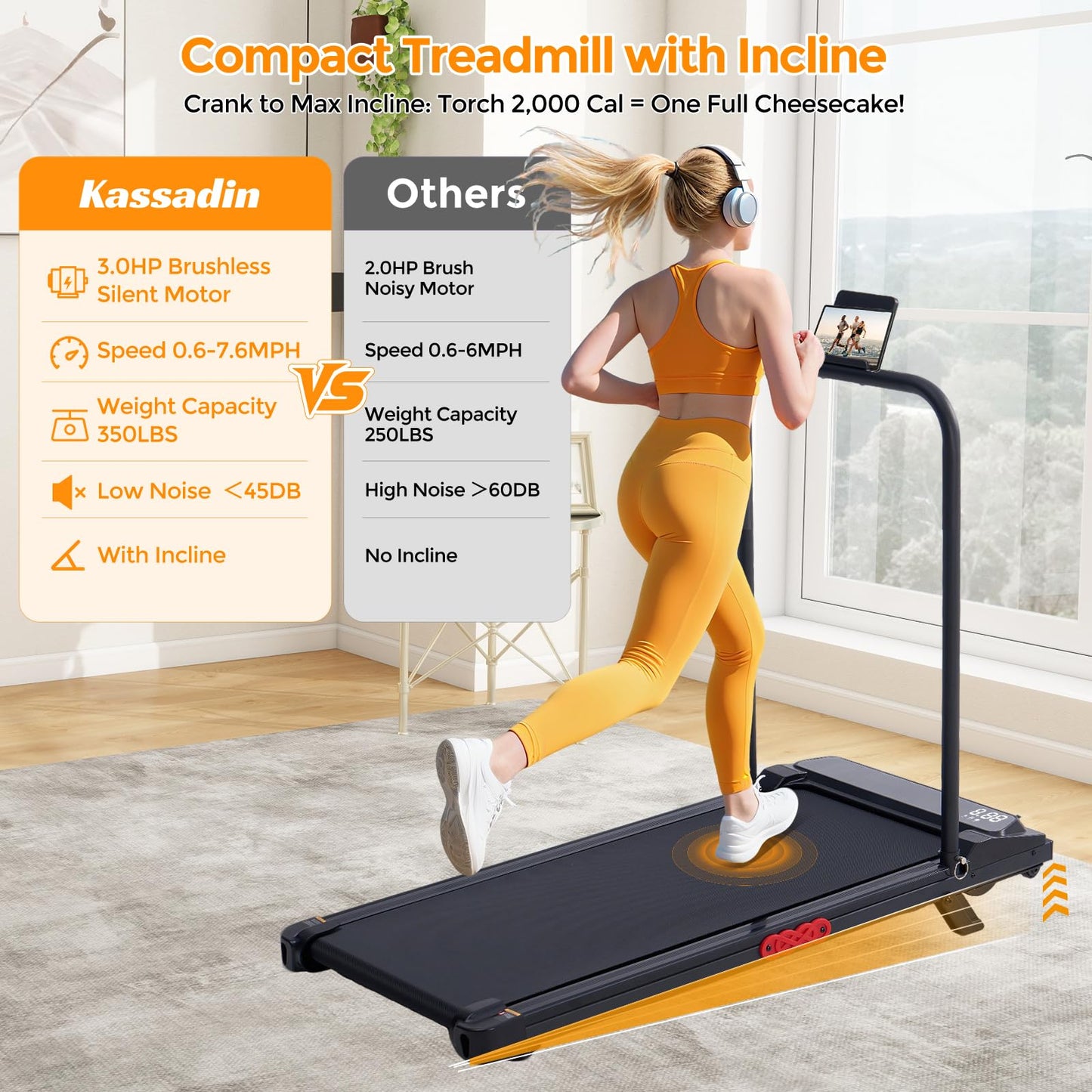 KASSADIN Electric Walking Pad Treadmill with Handle Bar Incline for Home