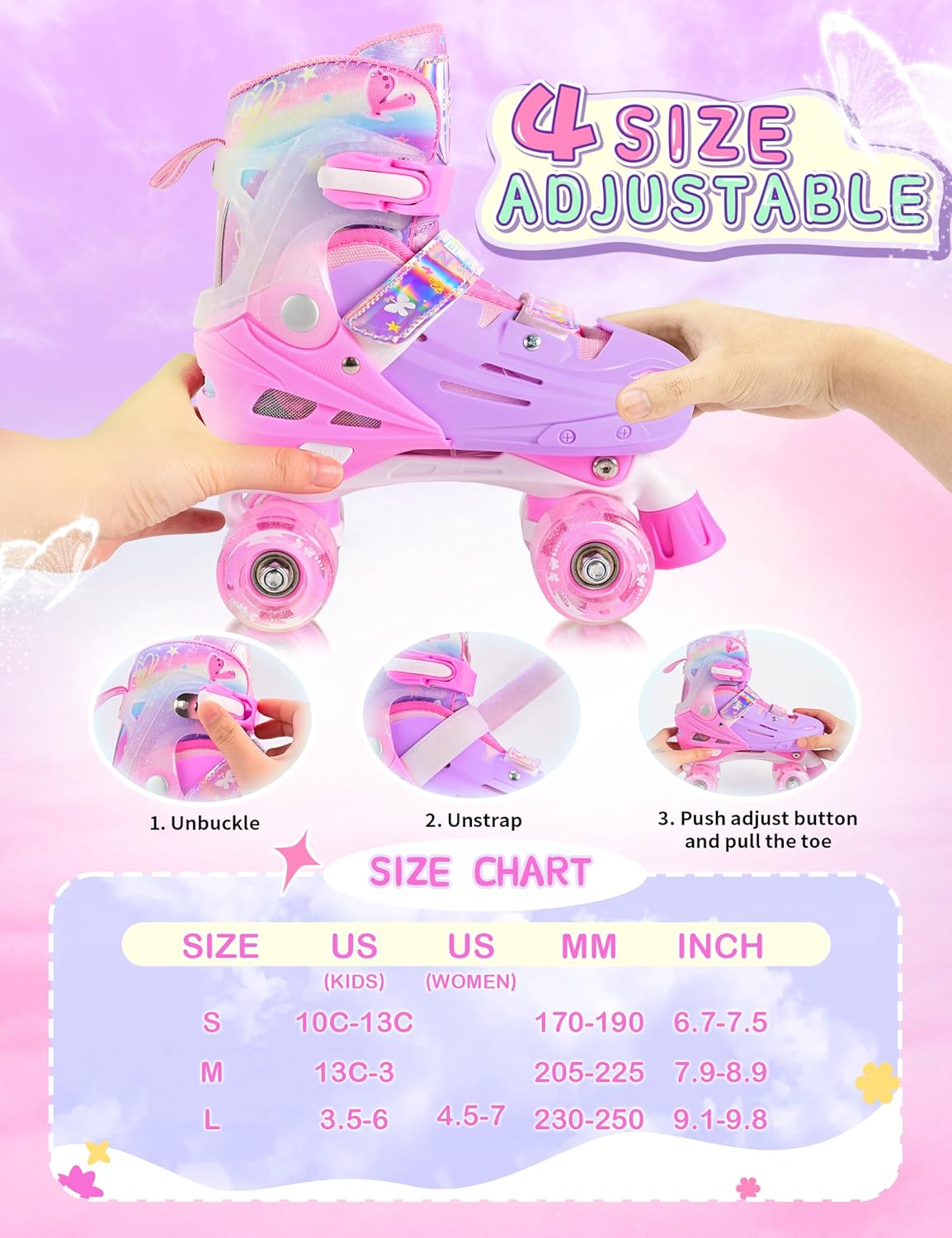 2PM SPORTS Roller Skates - Adjustable Light-Up Wheels for Kids Ages 4-12 | Sizes 10C-6