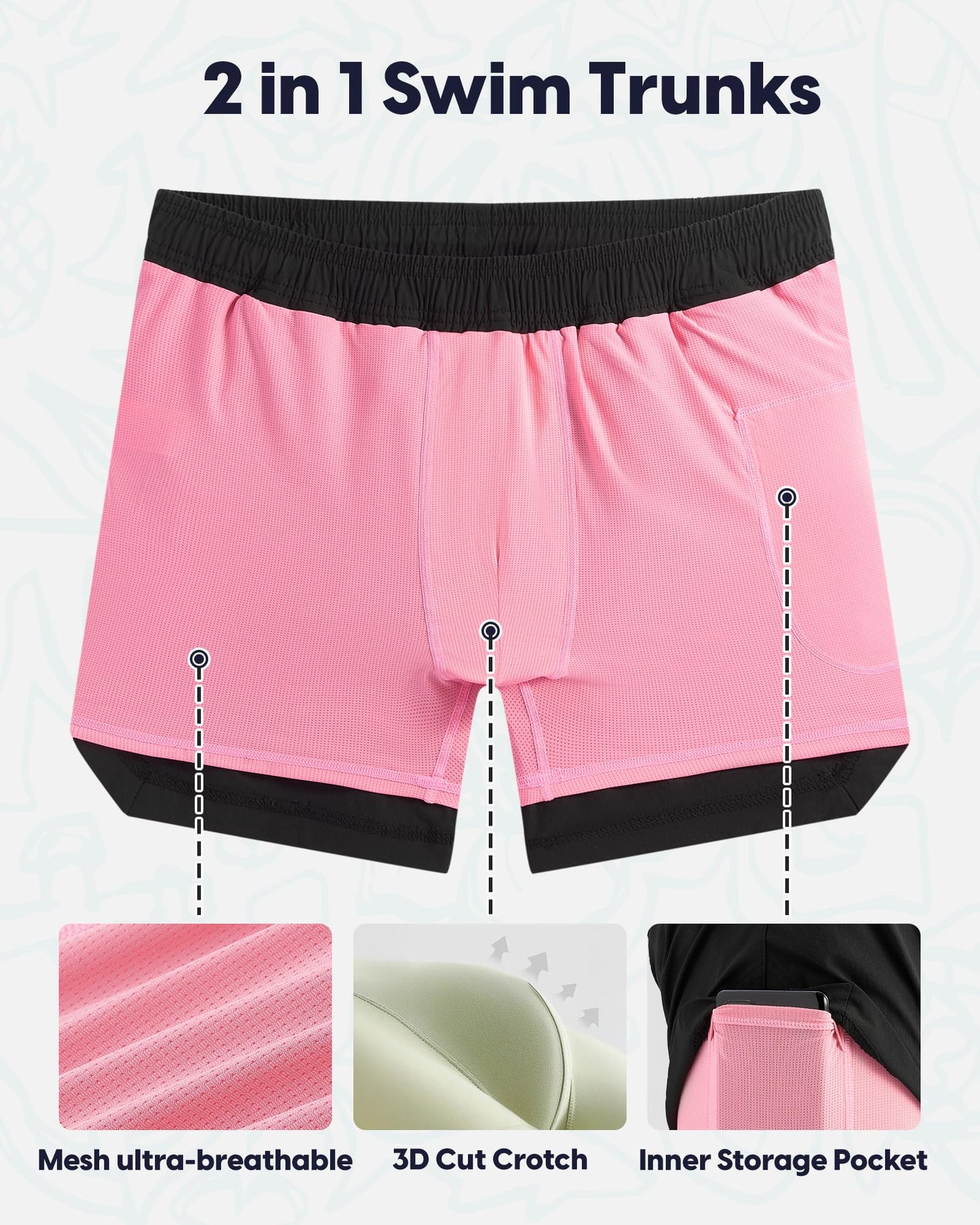 maamgic Mens Swim Trunks 5" with Compression Liner Stretch Quick Dry Swim Shorts Swimming Trunks Bathing Suits Black and Pink Medium
