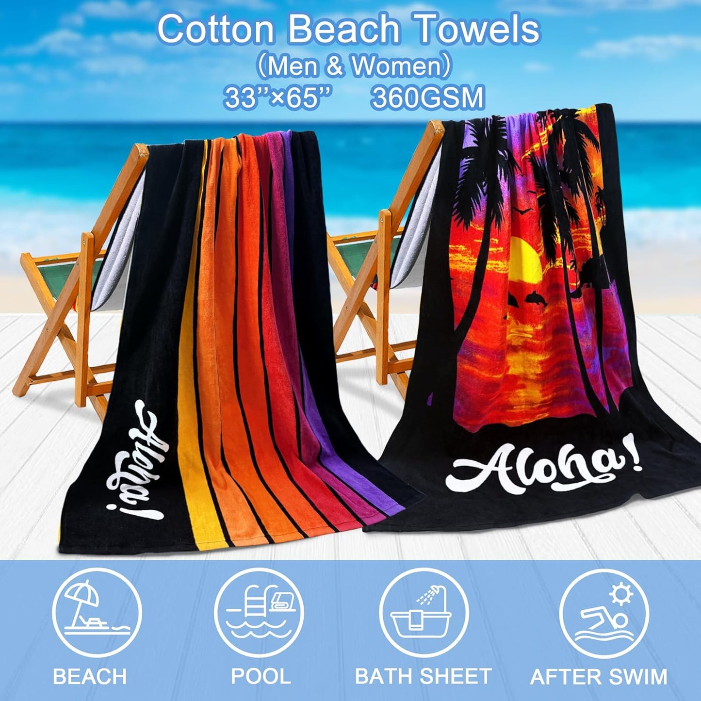 VOOVA & MOVAS Beach Towels - 100% Cotton, Soft & Absorbent | Lightweight 33" x 65" Pool Towels Set in Palm Sunset & Stripe
