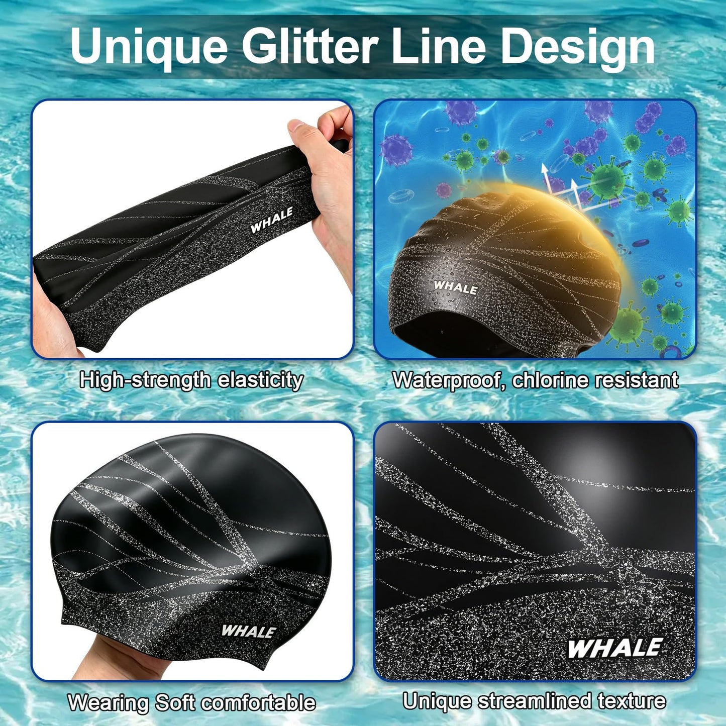 WHALE Extra Large Swim Cap Designed for Men and Women with Thick, Long Hair, Hair Extensions Or Afro-Textured Hair Long-Hair Swim Cap Highly Waterproof to Keep Hair Dry (Black)
