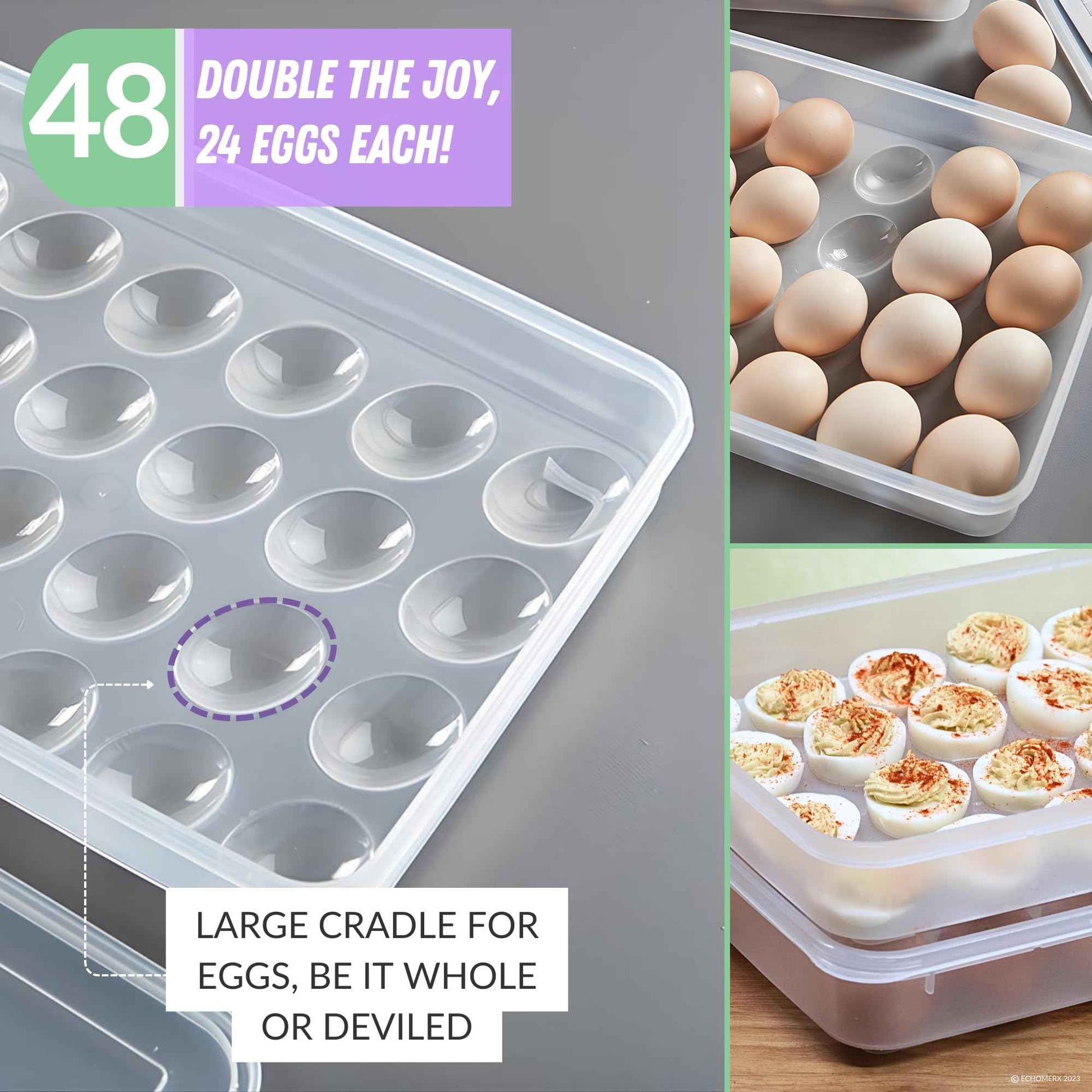 echomerx 2-Set Deviled Egg Containers with Lid - Portable Plastic Devil Egg Holder for 48 Eggs - Stackable Refrigerator Carrier - Clear Tray - Secure Seal - Easy-to-Clean Party-Ready Organizer