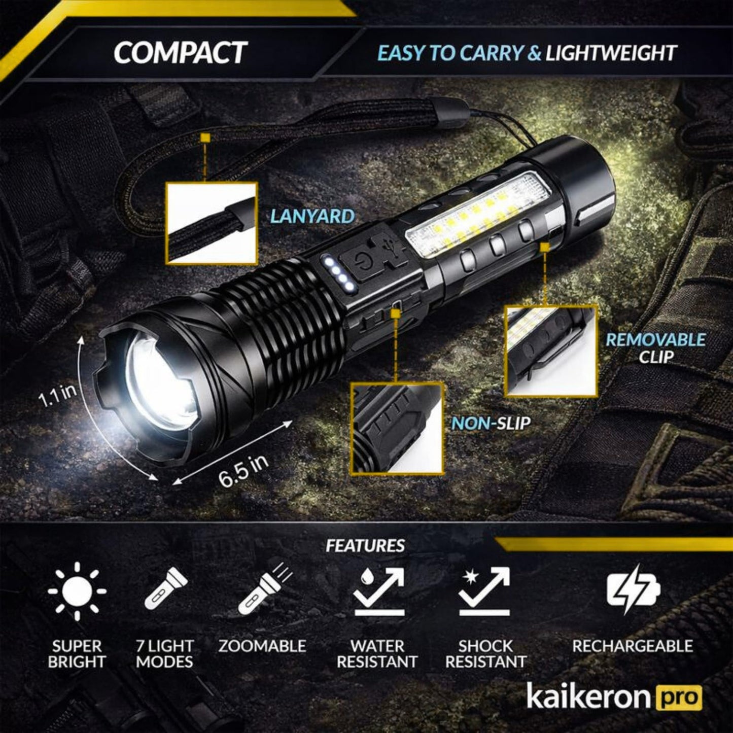 KAIKERON PRO Rechargeable Flashlights 2 Pack Tactical Flashlight Set Super Bright High Lumens Flash Light 7 Modes Zoomable Linterna Waterproof EDC Pocket Lights for Emergency Camping Home & Car USB-C