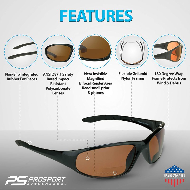 proSPORT Bifocal Sunglasses, +2.0 HD Amber Lenses Blue Light Blocking, Improves Sleep, Sport Wrap Frame, Small to Medium Fit - 2 Pack