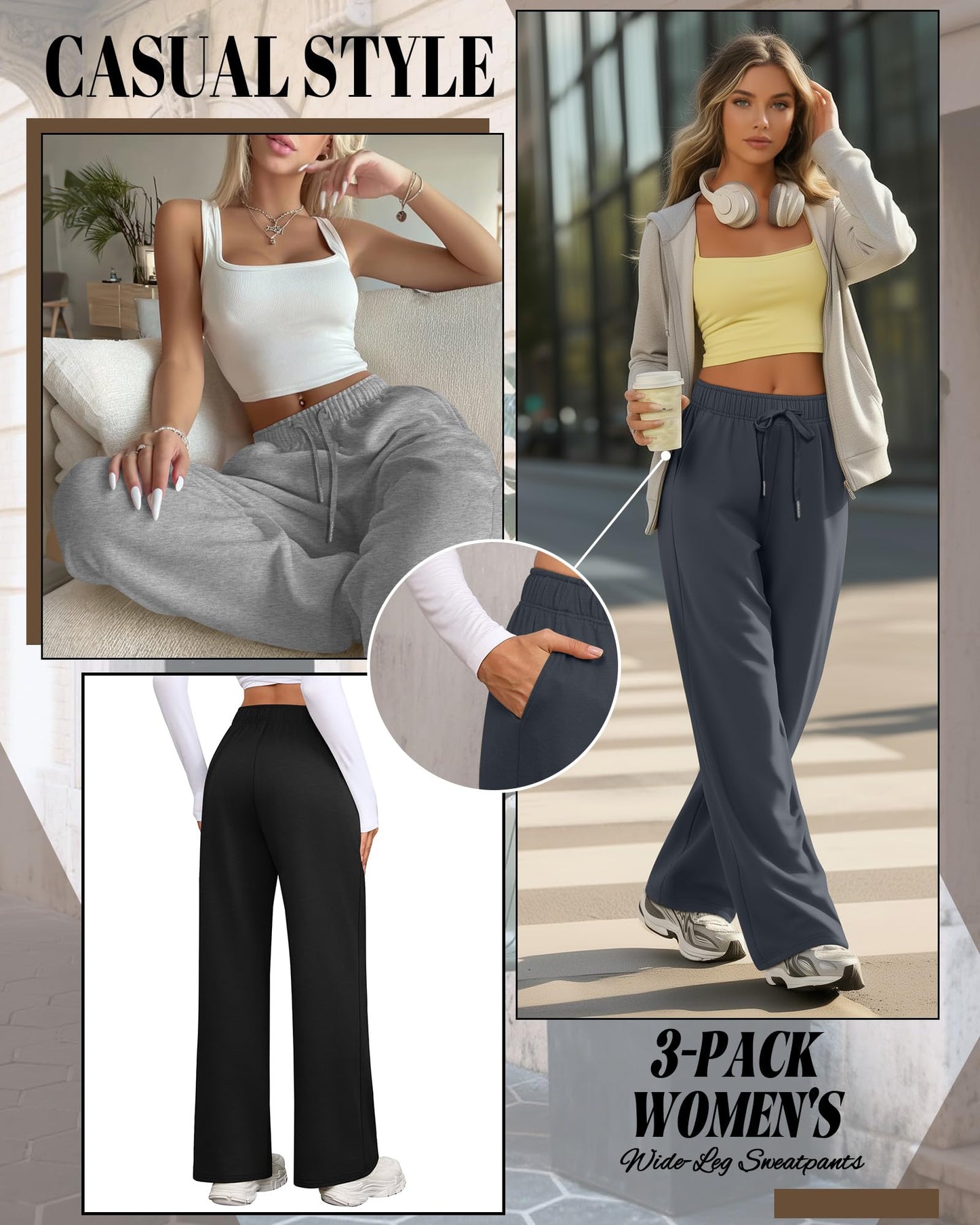 Riyiper 3 Pack Women Wide Leg Sweatpants Drawstring Straight Pants Elastic Waist Joggers Open Bottom Sweatpants with Pockets (Light Gray, Dark Gray, Black,S)